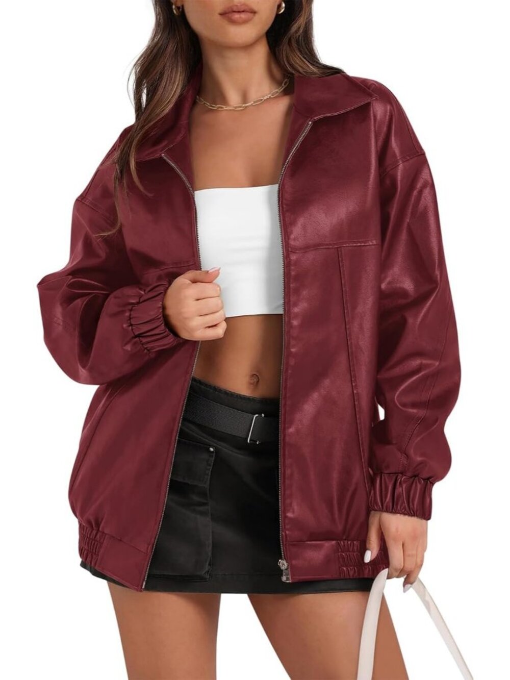 Women's Wine Red Oversized Lapel ZIP Up Fall Winter Casual Faux Leather Jacket